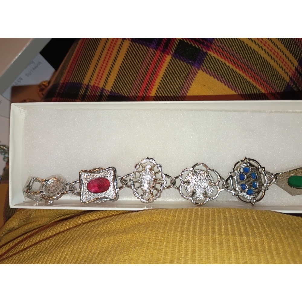 Vintage Sarah Coventry "Frolic" Bracelet Multicolored Cabochon Faux Stones - Picture 9 of 10